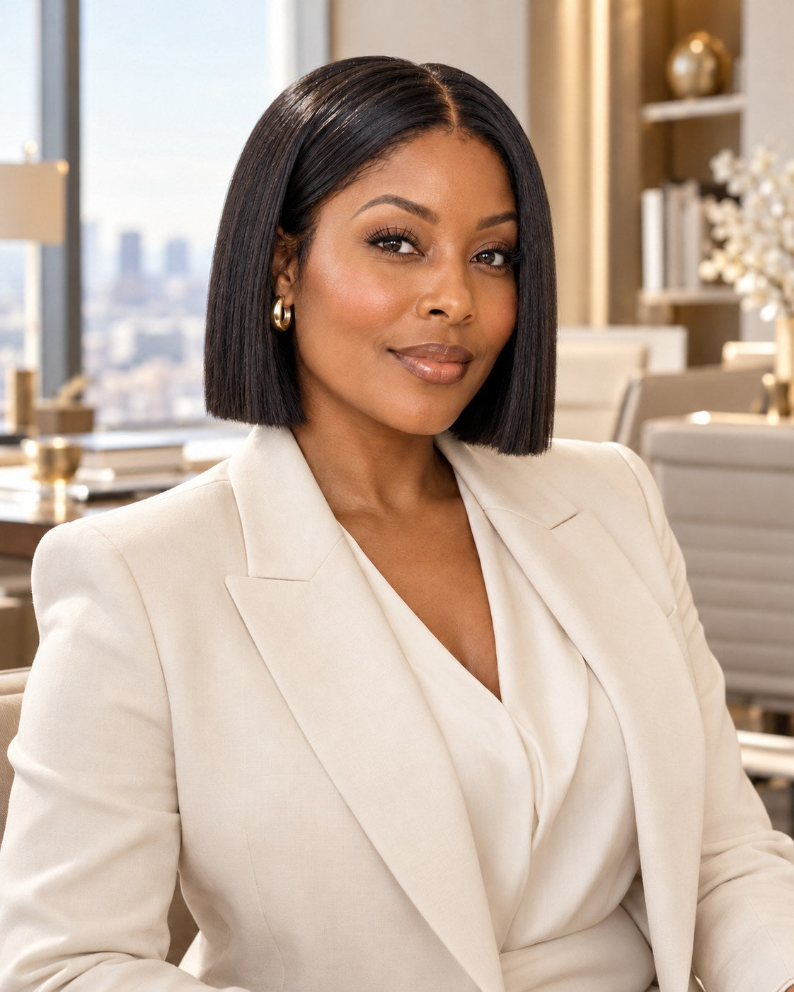 Boardroom Bob V-part wig, Silk Straight, styled for the office