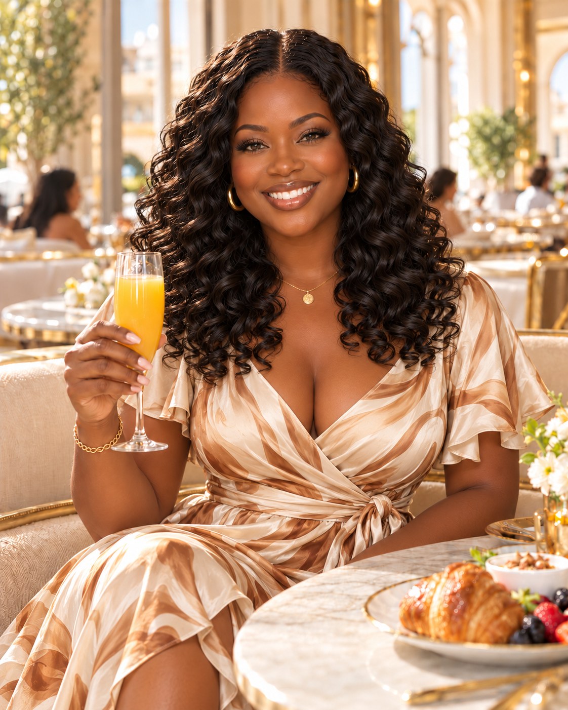 Brunch Baby V-part wig, curly texture, styled for weekend brunch