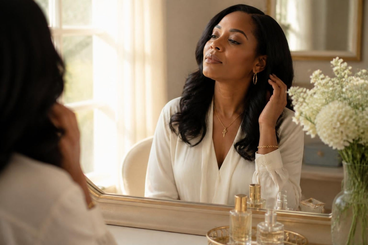 Elegant woman with beautifully styled hair at a vanity — Image: Hair, Beauty & Personal Style